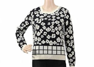 Black Ladies Round Neck Jumper Jacquard Flower Pattern Sweater For Women