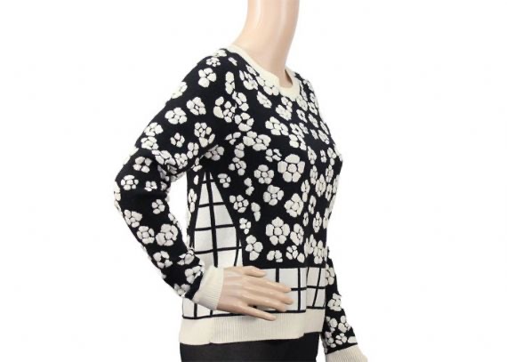 Suéter con estampado de flores jacquard con cuello redondo y cuello redondo de primavera para mujer