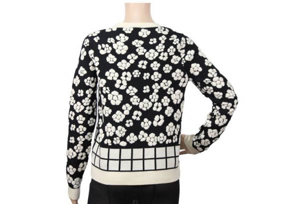 Suéter con estampado de flores jacquard con cuello redondo y cuello redondo de primavera para mujer