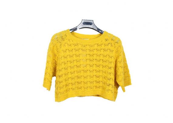 Suéter de punto amarillo de manga corta suelta con cuello redondo para mujer para primavera y otoño