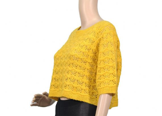 Suéter de punto amarillo de manga corta suelta con cuello redondo para mujer para primavera y otoño