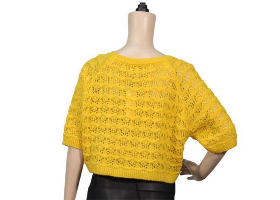 Suéter de punto amarillo de manga corta suelta con cuello redondo para mujer para primavera y otoño