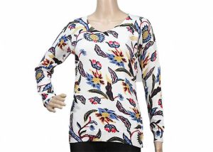 Thin 12GG White Long Sleeve Womens Crew Neck Sweater Printed Flower Pattern