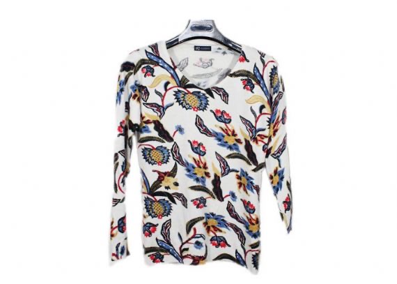 Suéter de cuello redondo para mujer de manga larga blanca fina 12GG estampado estampado de flores