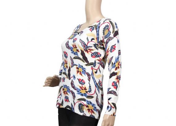 Suéter de cuello redondo para mujer de manga larga blanca fina 12GG estampado estampado de flores
