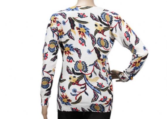 Suéter de cuello redondo para mujer de manga larga blanca fina 12GG estampado estampado de flores