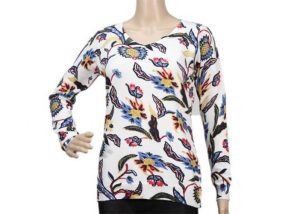 Thin 12GG White Long Sleeve Womens Crew Neck Sweater Printed Flower Pattern