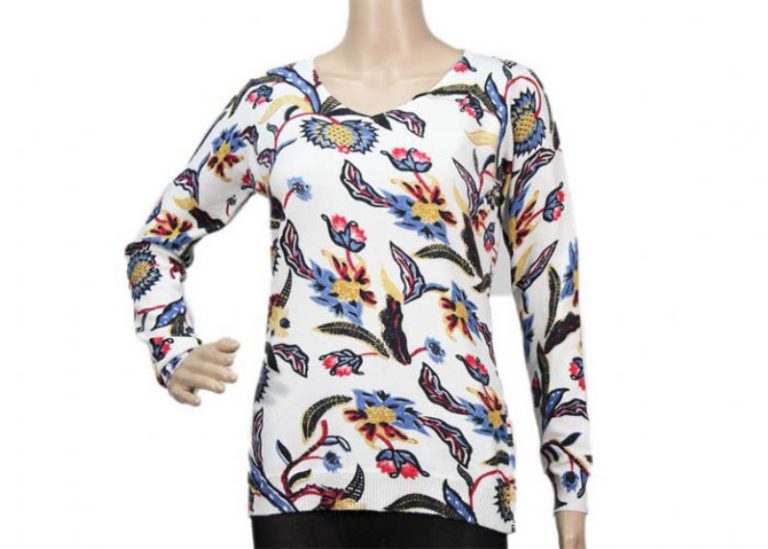 Suéter de cuello redondo para mujer de manga larga blanca fina 12GG estampado estampado de flores