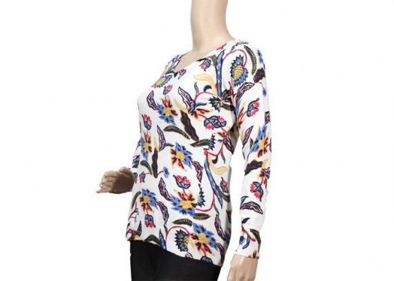 Suéter de cuello redondo para mujer de manga larga blanca fina 12GG estampado estampado de flores