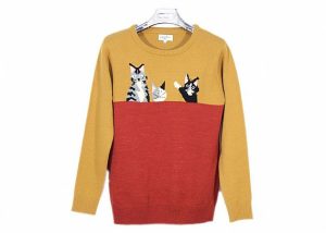 Red And Yellow Jacquard Cute Cat Pattern Jumper Jersery Knitwear For Young Ladies