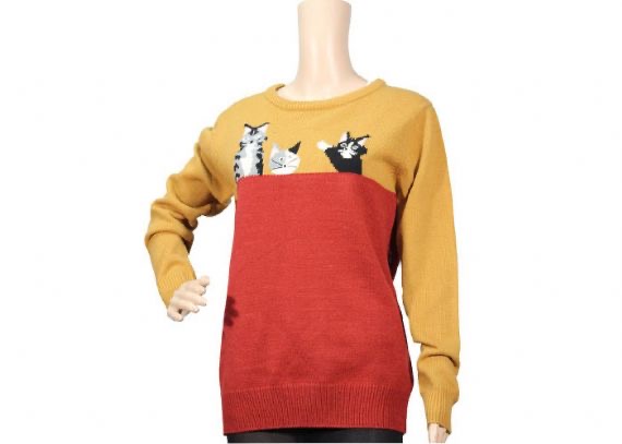 Prendas de punto del jersey del jersey del modelo del gato lindo del telar jacquar rojo y amarillo para las señoras