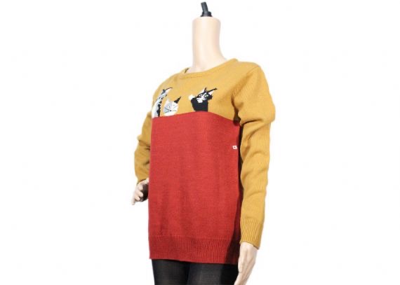 Prendas de punto del jersey del jersey del modelo del gato lindo del telar jacquar rojo y amarillo para las señoras