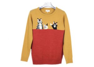 Red And Yellow Jacquard Cute Cat Pattern Jumper Jersery Knitwear For Young Ladies