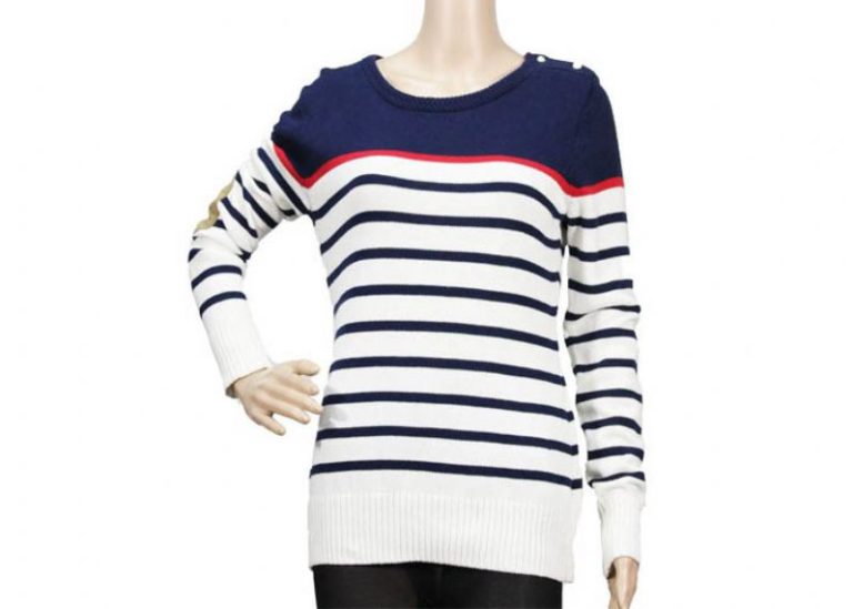 Classic Striped Womens Knit Sweater Slim Fit Crew Neck Button Up For Ladies