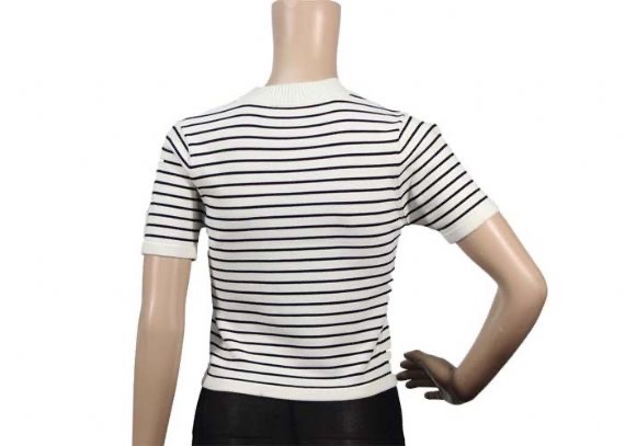 Suéter de punto de computadora para mujer, camiseta a rayas en blanco y negro, manga corta
