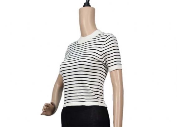 Suéter de punto de computadora para mujer, camiseta a rayas en blanco y negro, manga corta