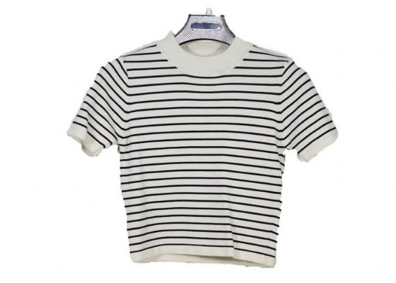 Suéter de punto de computadora para mujer, camiseta a rayas en blanco y negro, manga corta