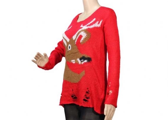 Jersey largo rojo de la Navidad del modelo de la cabeza del reno del suéter de punto para mujer para la primavera