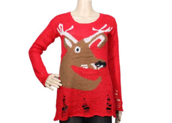 Jersey largo rojo de la Navidad del modelo de la cabeza del reno del suéter de punto para mujer para la primavera
