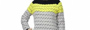 Tri Colour Ladies Long Sleeve Crew Neck Jacquard Black Yellow Knit Sweater