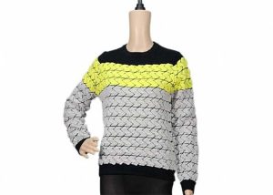 Tri Colour Ladies Long Sleeve Crew Neck Jacquard Black Yellow Knit Sweater
