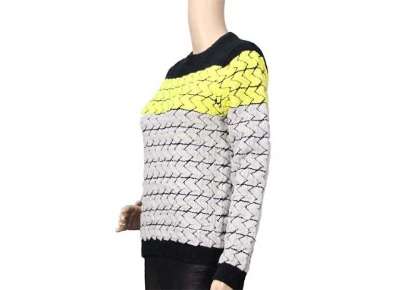 Suéter de punto amarillo negro jacquard de cuello redondo de manga larga para mujer de tres colores