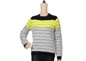 Tri Colour Ladies Long Sleeve Crew Neck Jacquard Black Yellow Knit Sweater