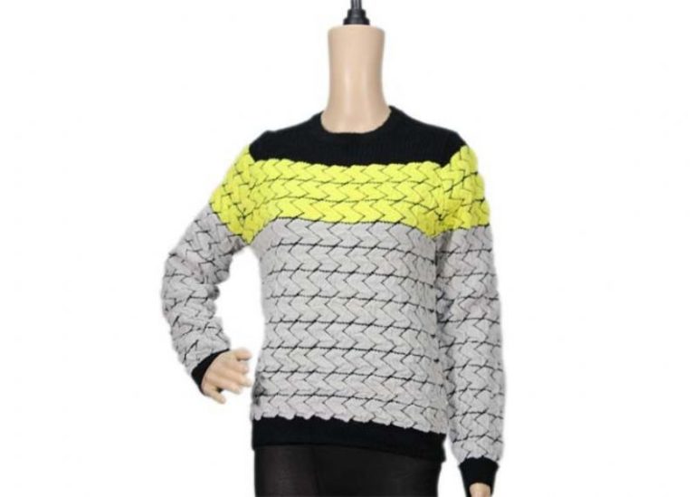 Suéter de punto amarillo negro jacquard de cuello redondo de manga larga para mujer de tres colores