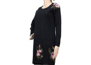 Classic Crew Neck Long Sleeve Womens Knit Sweater Black Color Embroidered