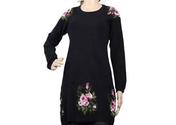 Suéter de punto para mujer de manga larga con cuello redondo clásico bordado en color negro
