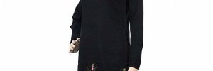 Classic Crew Neck Long Sleeve Womens Knit Sweater Black Color Embroidered