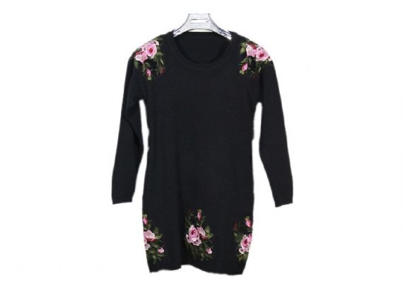 Classic Crew Neck Long Sleeve Womens Knit Sweater Black Color Embroidered