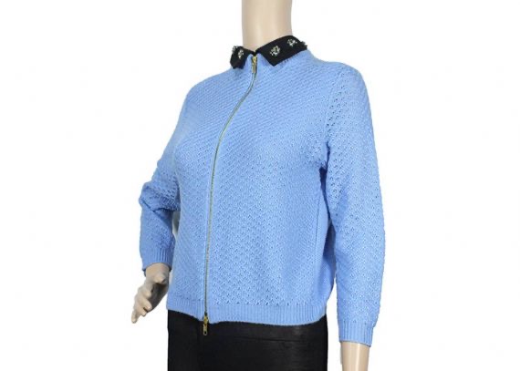 Cárdigan delantero abierto de argyle azul claro con cremallera y suéter de color liso para mujer