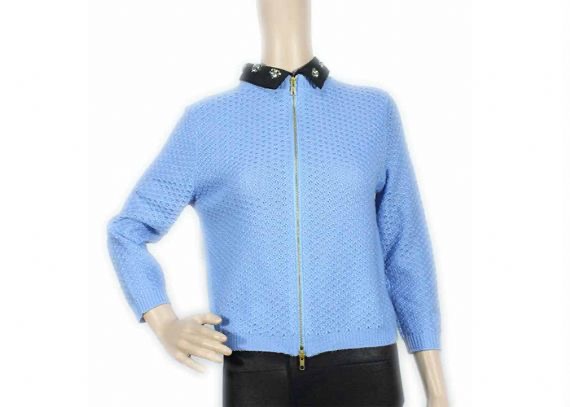Cárdigan delantero abierto de argyle azul claro con cremallera y suéter de color liso para mujer
