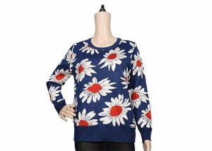 Ladies Navy Blue Womens Knit Sweater Crew Neck Jacquard Pattern For Spring