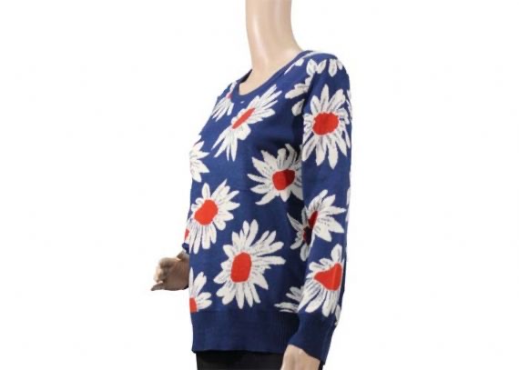 Modelo del telar jacquar del cuello redondo del suéter del punto de las mujeres de los azules marinos de las señoras