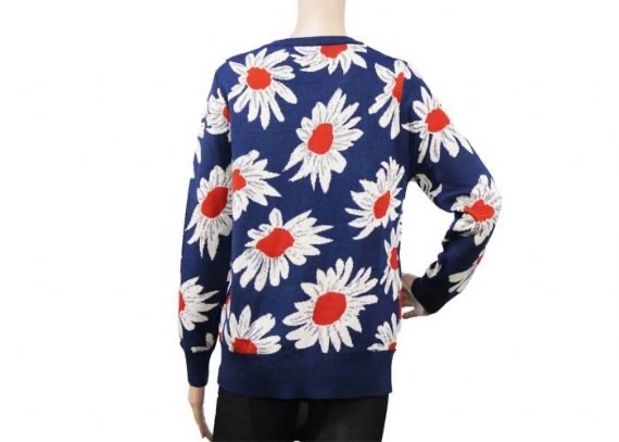Modelo del telar jacquar del cuello redondo del suéter del punto de las mujeres de los azules marinos de las señoras