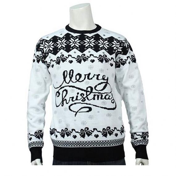 Classic Black And White Jacquard Knitted Merry Christmas Sweater For Men