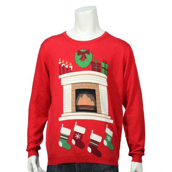 Mens Red Round Neck 12 Gauge Christmas Sweater With Fireplace Patterns For Adult