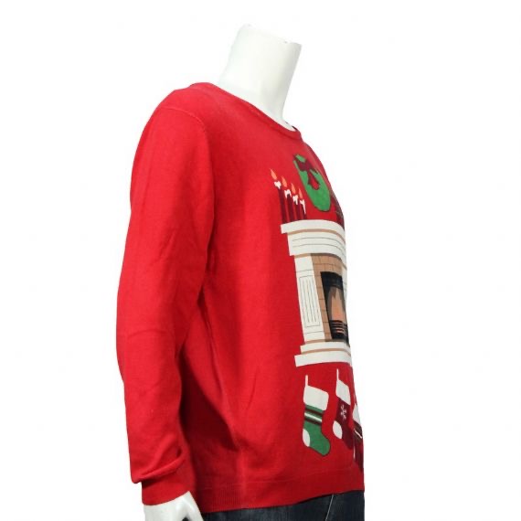 Suéter rojo de Navidad de calibre 12 con cuello redondo para hombre con patrones de chimenea para adultos
