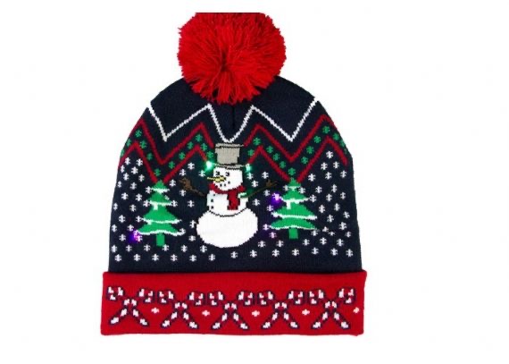 Acrílico y algodón 7 Gauge Men Christmas Beanie Snowman Pattern con luz LED