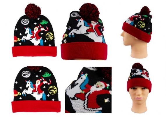 LED Jacquard Cable Knit Warm Bobble Hat Gorro navideño suave para mujer con pompón