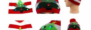 Lighted Unisex Xmas Beanie Hat Red Stripe Christmas Tree 7 Gauge Knit Pattern