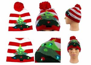 Gorro de Navidad unisex iluminado con diseño de punto de calibre 7 de árbol de Navidad de rayas rojas