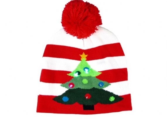 Lighted Unisex Xmas Beanie Hat Red Stripe Christmas Tree 7 Gauge Knit Pattern