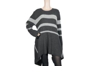 Grey Cotton 12 Gauge Striped Pattern Women Sweater Round Collar Long For Autumn