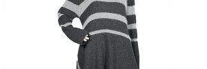 Grey Cotton 12 Gauge Striped Pattern Women Sweater Round Collar Long For Autumn