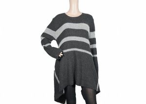 Grey Cotton 12 Gauge Striped Pattern Women Sweater Round Collar Long For Autumn