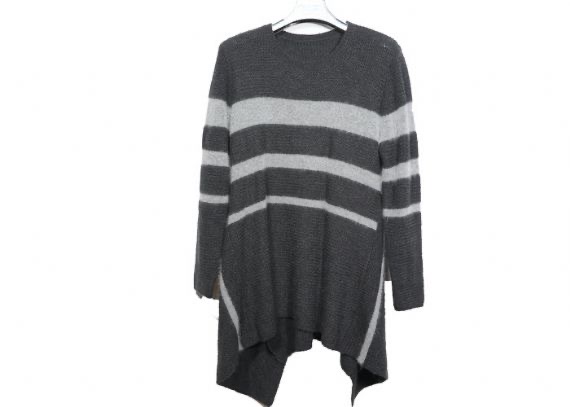 Suéter gris de algodón con patrón de rayas de calibre 12 para mujer, cuello redondo, largo para otoño