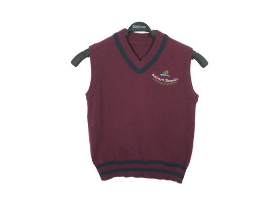 Color púrpura chaleco sin mangas uniforme escolar suéteres dobladillo a rayas calibre 12